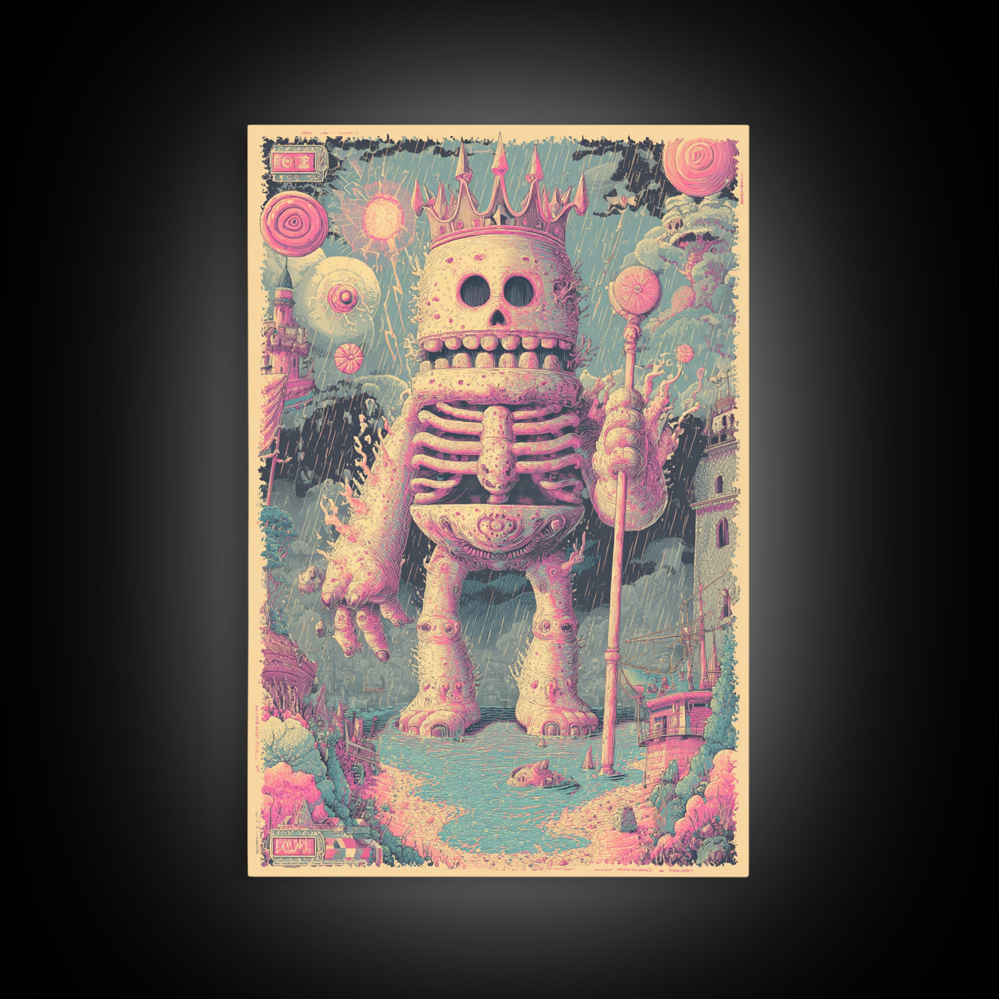 The Salt King Of The Black Shore, Cosmic Synthwave Horror, Vertical Wall Art, Canvas Print, Retro Halloween Decor, Neon Wall Art