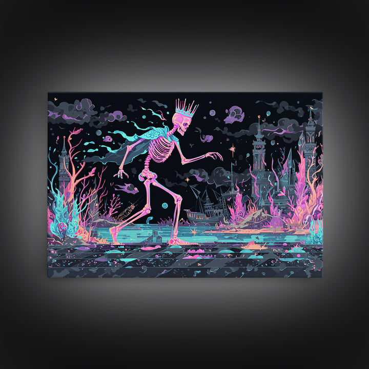 The Salt King Of The Black Shore, Cute Spooky Neon Art, Landscape Wall Art, Canvas Print, Retro Halloween Decor, Neon Wall Art