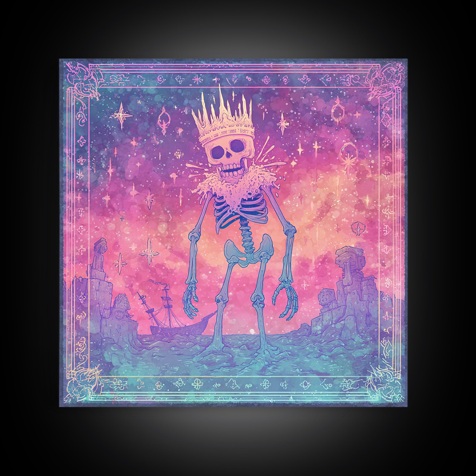 The Salt King Of The Black Shore, Cute Spooky Neon Art, Square Wall Art, Canvas Print, Retro Halloween Decor, Neon Wall Art