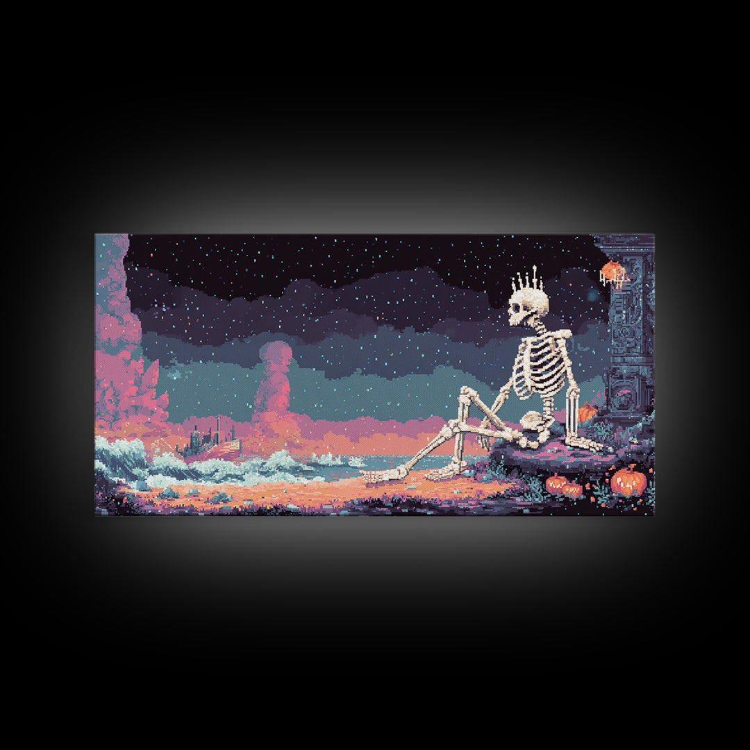 The Salt King Of The Black Shore, Vaporwave Halloween Decor, Wide Panoramic Art, Canvas Print, Retro Halloween Decor, Neon Wall Art