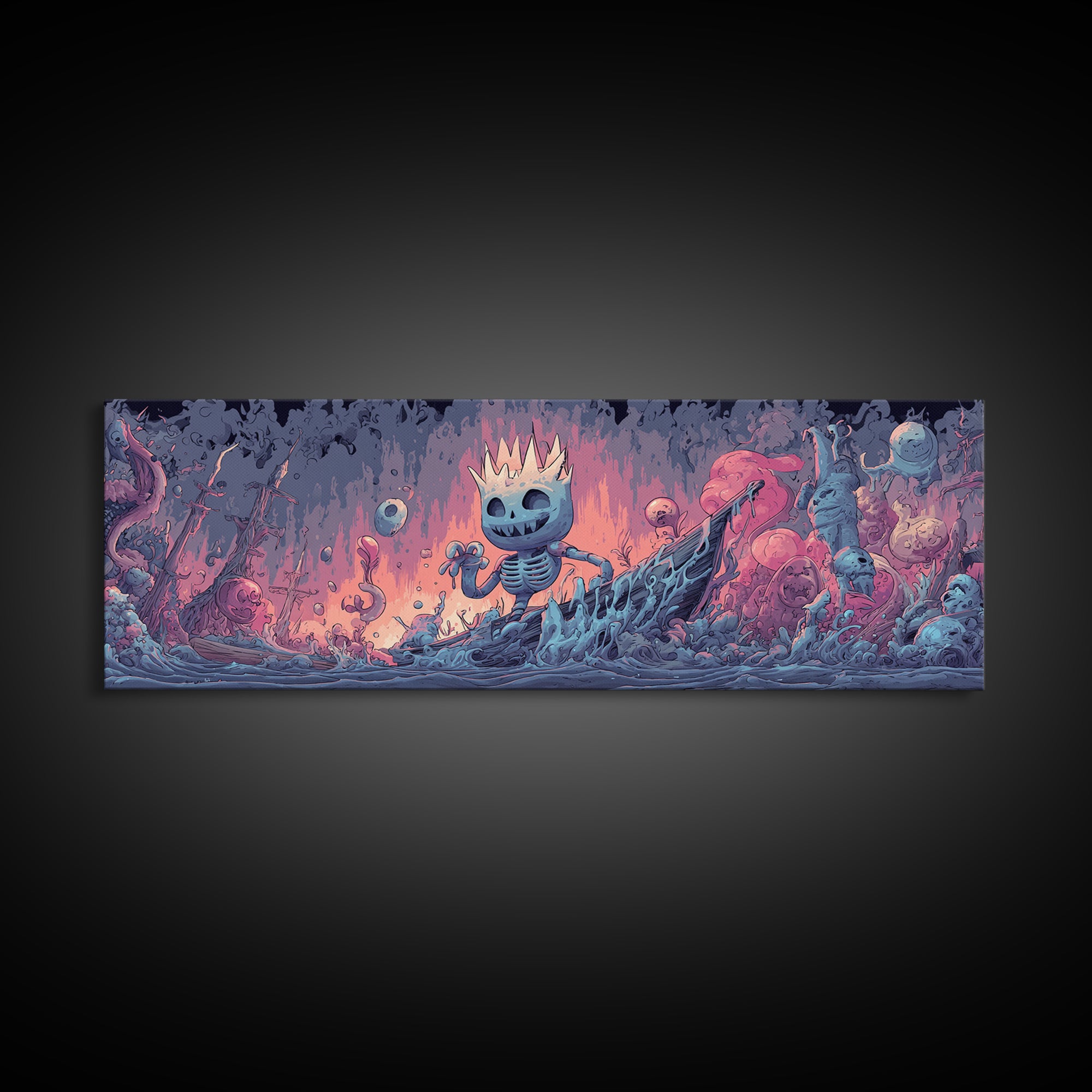 The Salt King Of The Black Shore, Cosmic Synthwave Horror, Extra Wide Wall Art, Canvas Print, Retro Halloween Decor, Neon Wall Art