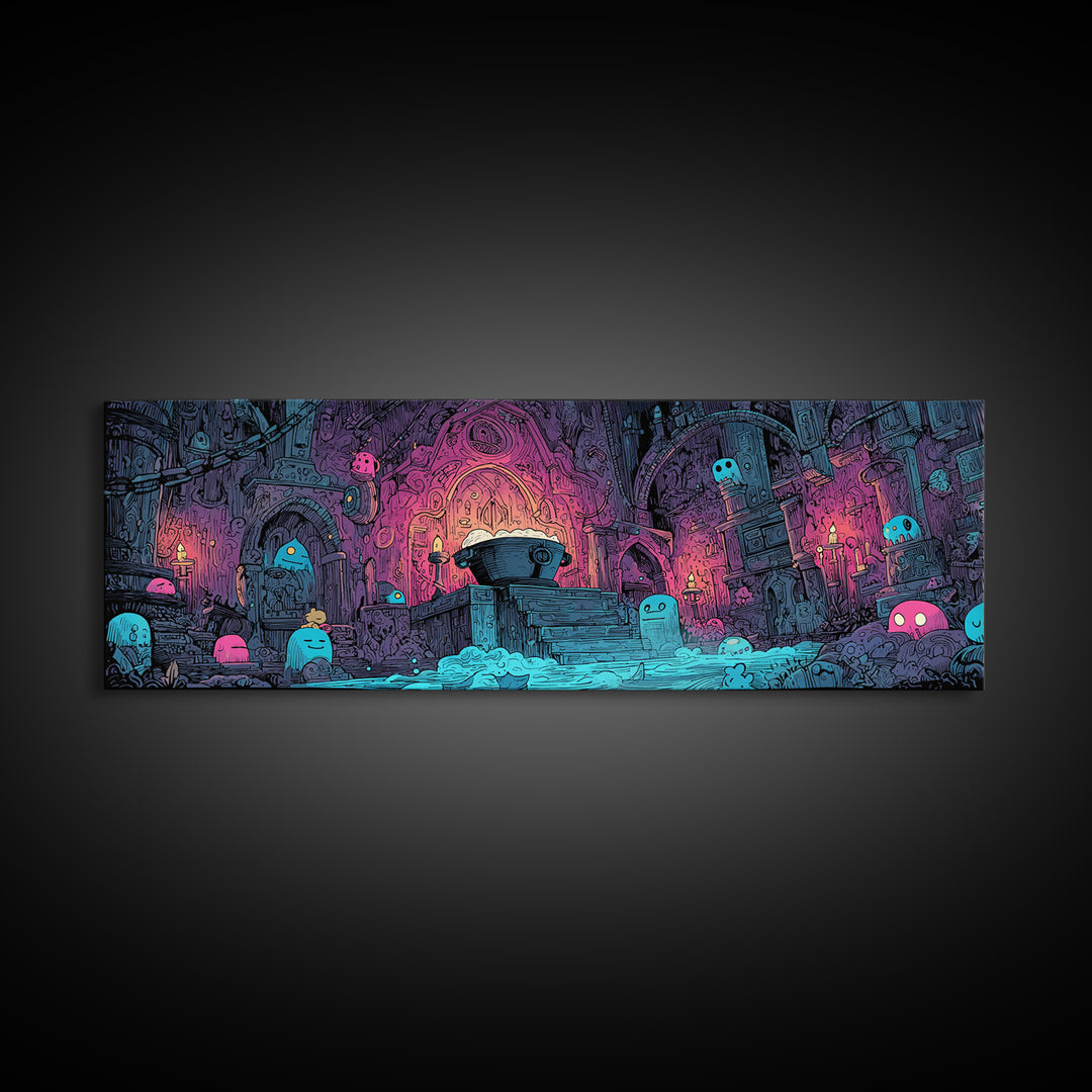 The Dreamwell Beneath Miskatonic, 80s Halloween Wall Art, Extra Wide Wall Art, Canvas Print, Retro Halloween Decor, Neon Wall Art