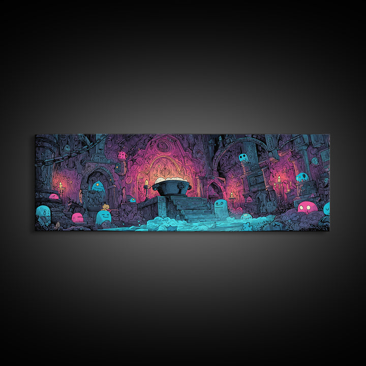 The Dreamwell Beneath Miskatonic, 80s Halloween Wall Art, Extra Wide Wall Art, Canvas Print, Retro Halloween Decor, Neon Wall Art