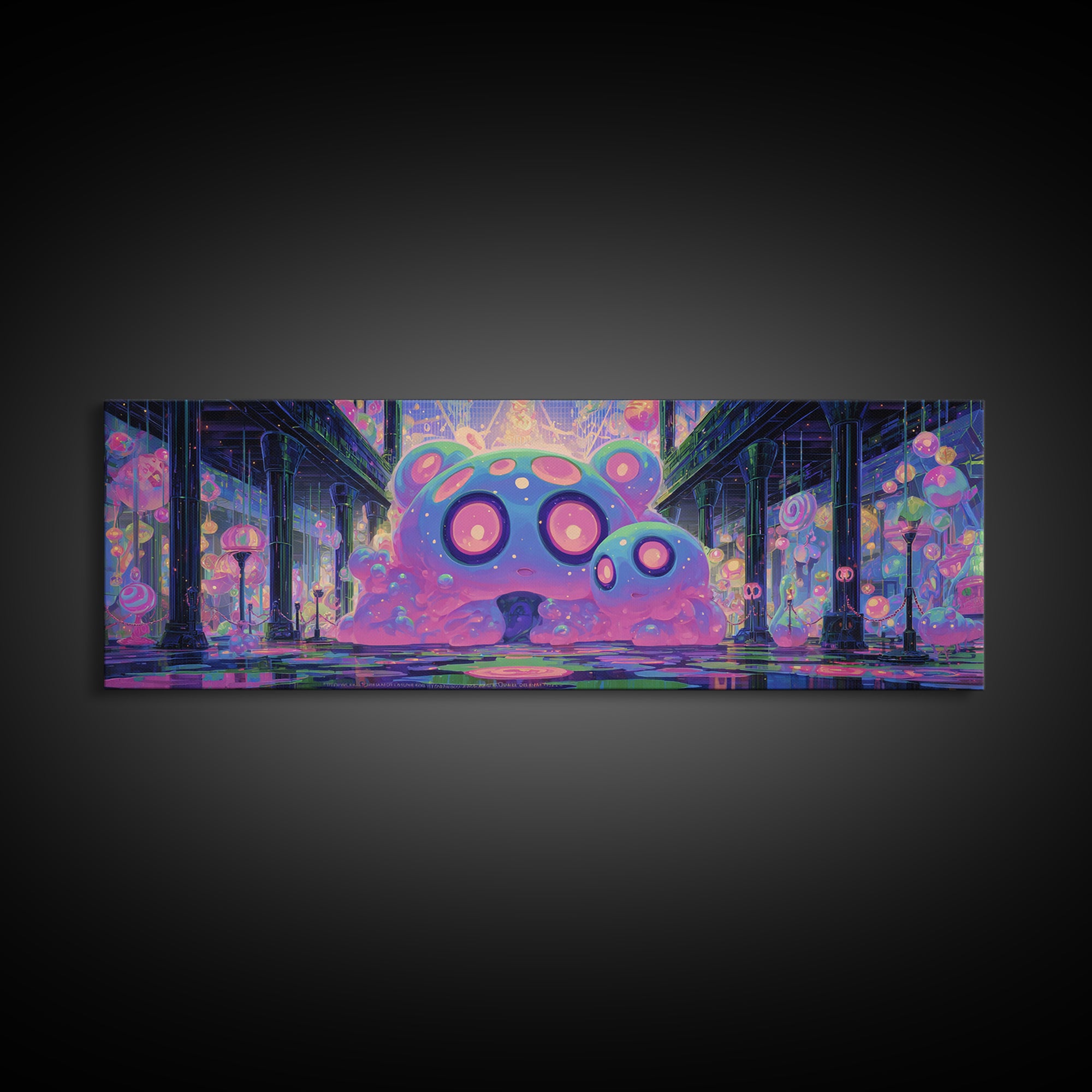 The Custodian Of The Whispering Idol, Cute Eldritch Neon Art, Extra Wide Wall Art, Framed Canvas Print, Retro Halloween Decor, Neon Wall Art