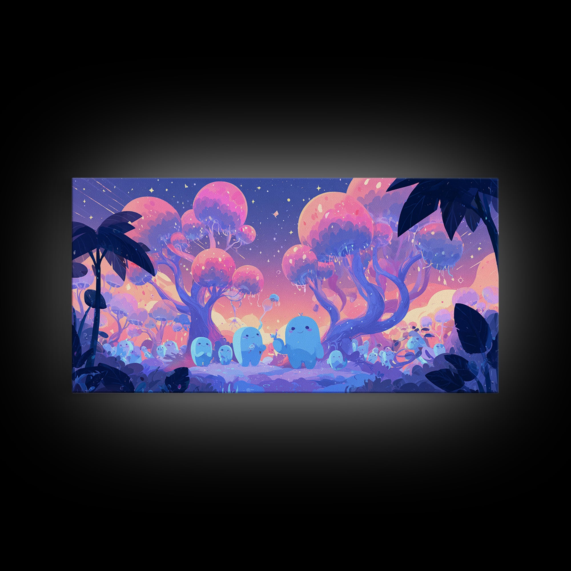 The Children Of The Star Orchard, Vaporwave Halloween Decor, Wide Panoramic Art, Framed Canvas Print, Retro Halloween Decor, Neon Wall Art