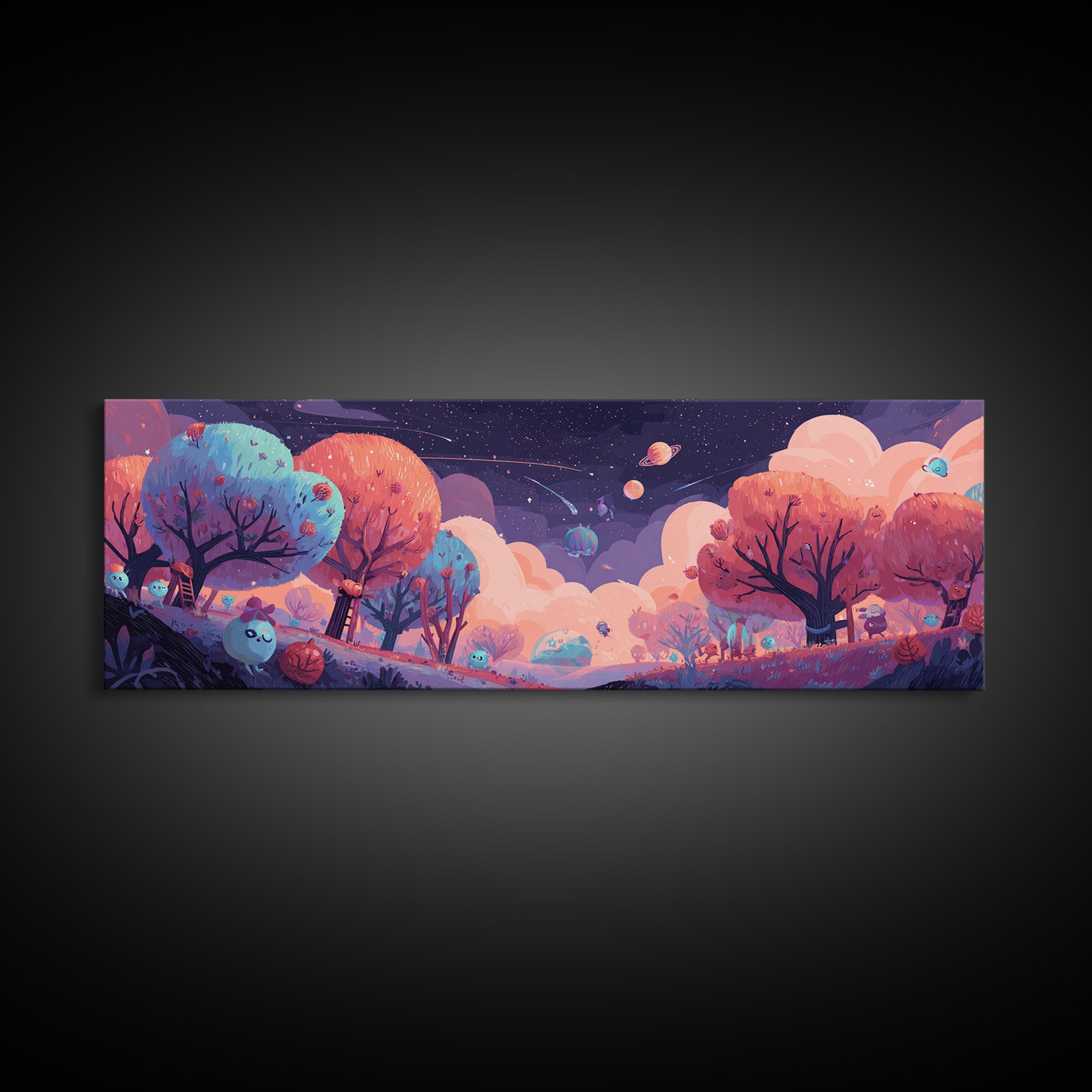 The Children Of The Star Orchard, Cosmic Synthwave Horror, Extra Wide Wall Art, Framed Canvas Print, Retro Halloween Decor, Neon Wall Art