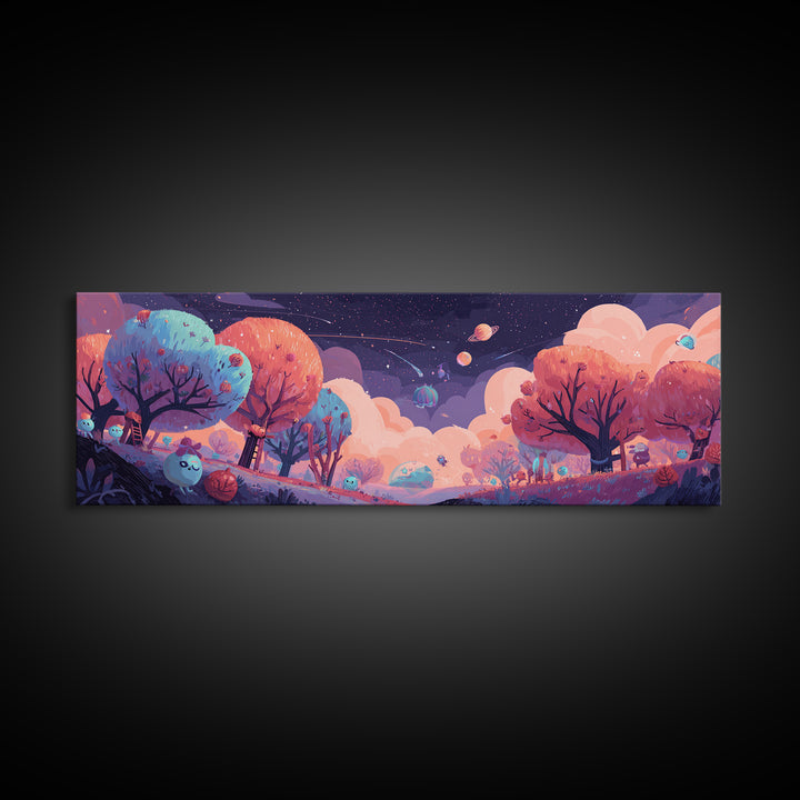 The Children Of The Star Orchard, Cosmic Synthwave Horror, Extra Wide Wall Art, Framed Canvas Print, Retro Halloween Decor, Neon Wall Art