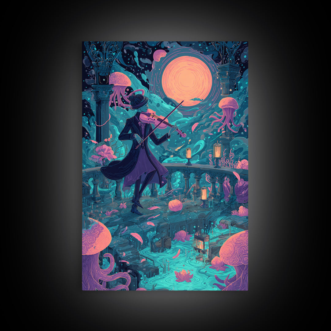 The Violinist Of The Drowned Moon, Retro Neon Halloween Art, Vertical Wall Art, Canvas Print, Retro Halloween Decor, Neon Wall Art