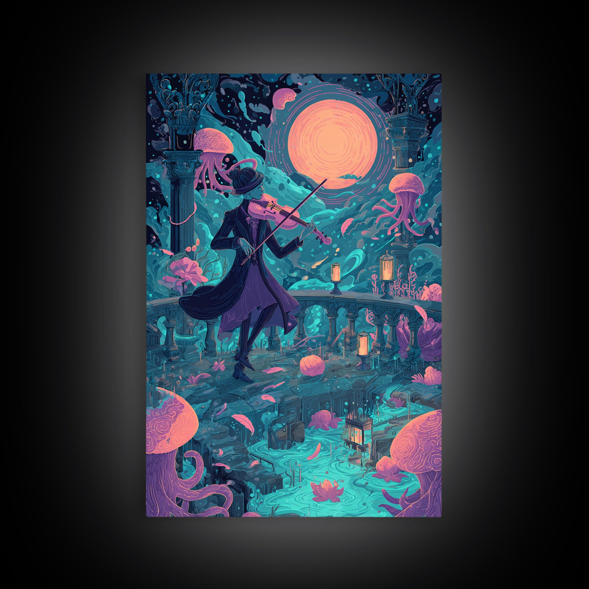 The Violinist Of The Drowned Moon, Retro Neon Halloween Art, Vertical Wall Art, Canvas Print, Retro Halloween Decor, Neon Wall Art