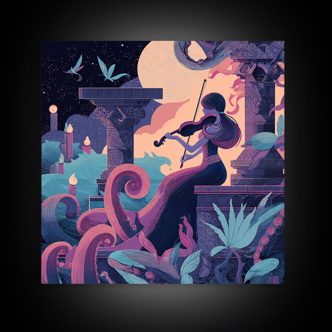 The Violinist Of The Drowned Moon, Cute Eldritch Neon Art, Square Wall Art, Canvas Print, Retro Halloween Decor, Neon Wall Art