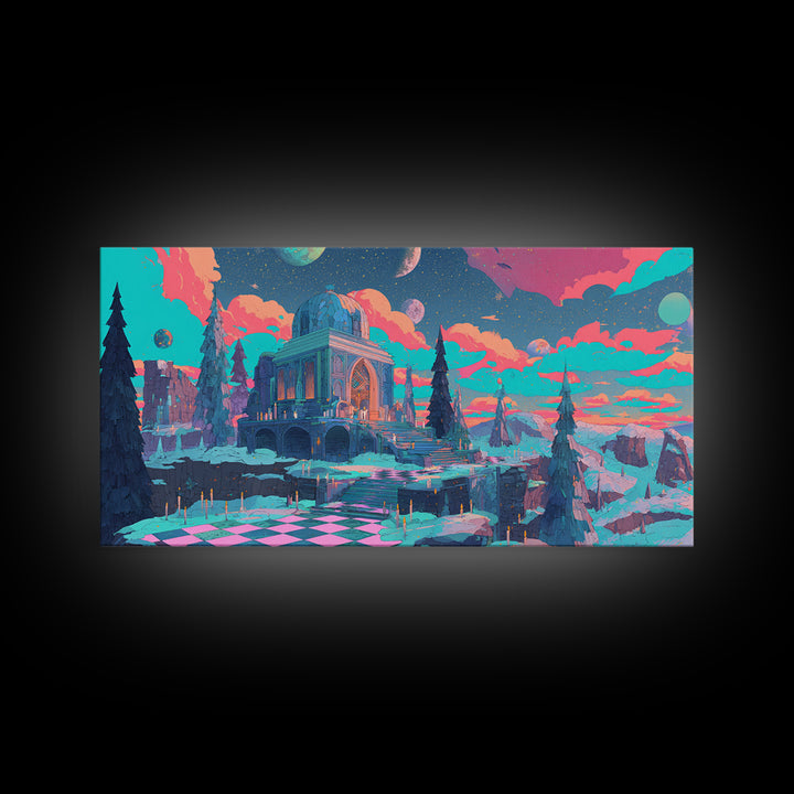 The Candelit Ark Of Forgotten Stars, Cosmic Synthwave Horror, Wide Panoramic Art, Framed Canvas Print, Retro Halloween Decor, Neon Wall Art