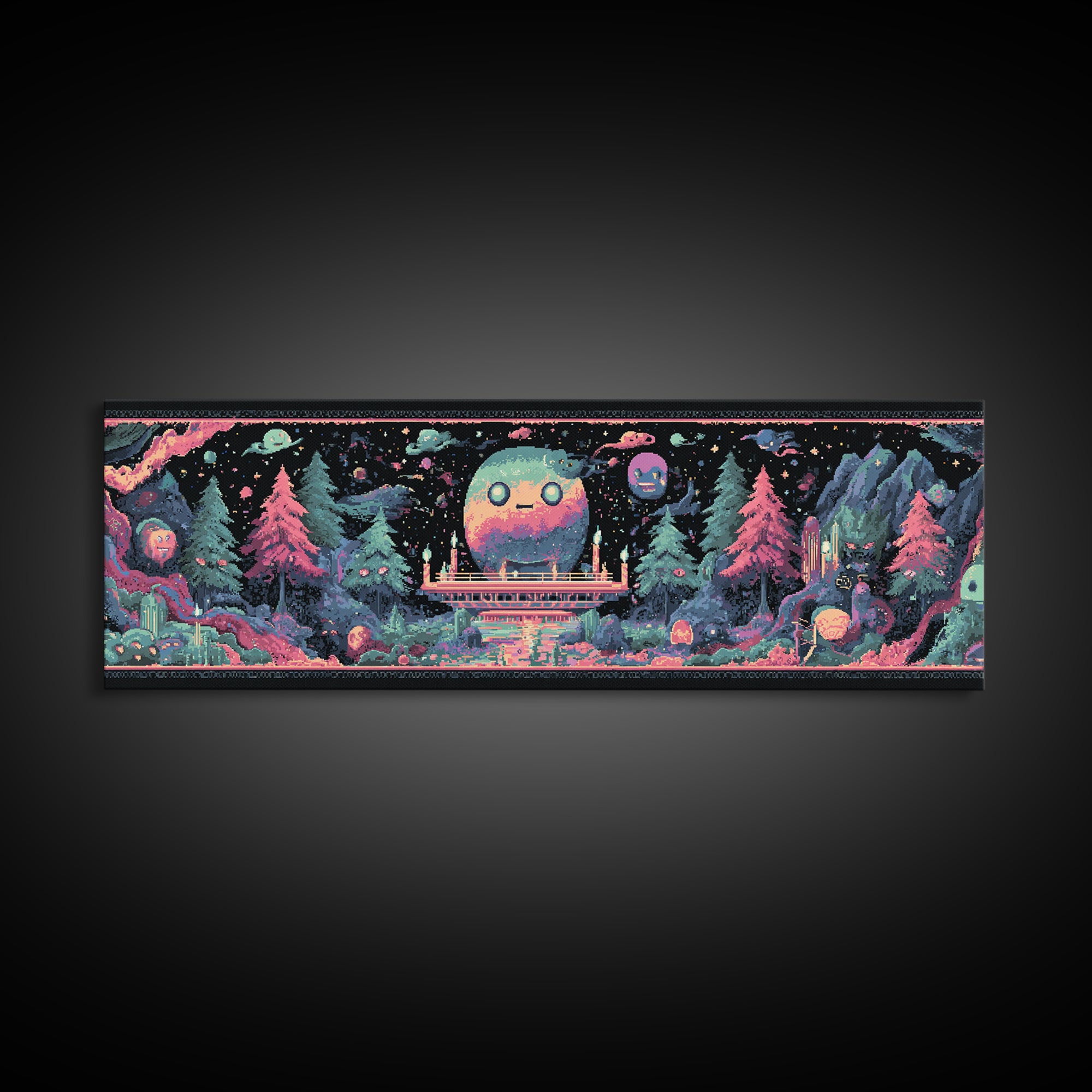 The Candelit Ark Of Forgotten Stars, Cosmic Synthwave Horror, Extra Wide Wall Art, Canvas Print, Retro Halloween Decor, Neon Wall Art
