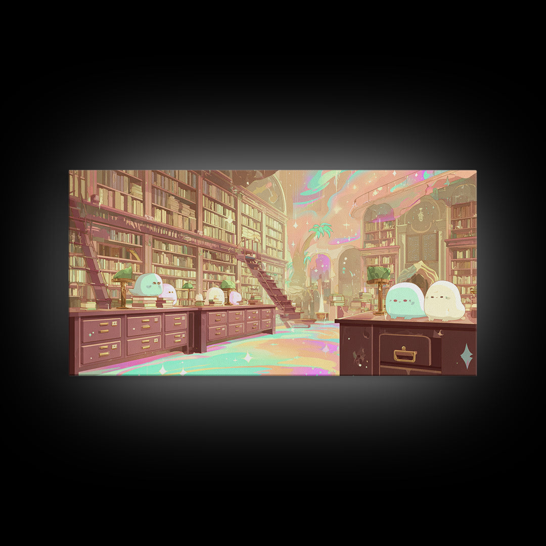 The Archivist Of Dreaming Bones, Cosmic Synthwave Horror, Wide Panoramic Art, Framed Canvas Print, Retro Halloween Decor, Neon Wall Art