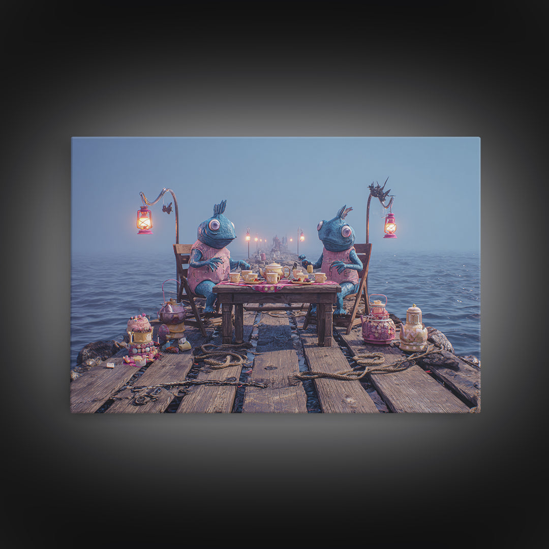 The Tea Party At Innsmouth Pier, 80s Halloween Wall Art, Landscape Wall Art, Framed Canvas Print, Retro Halloween Decor, Neon Wall Art