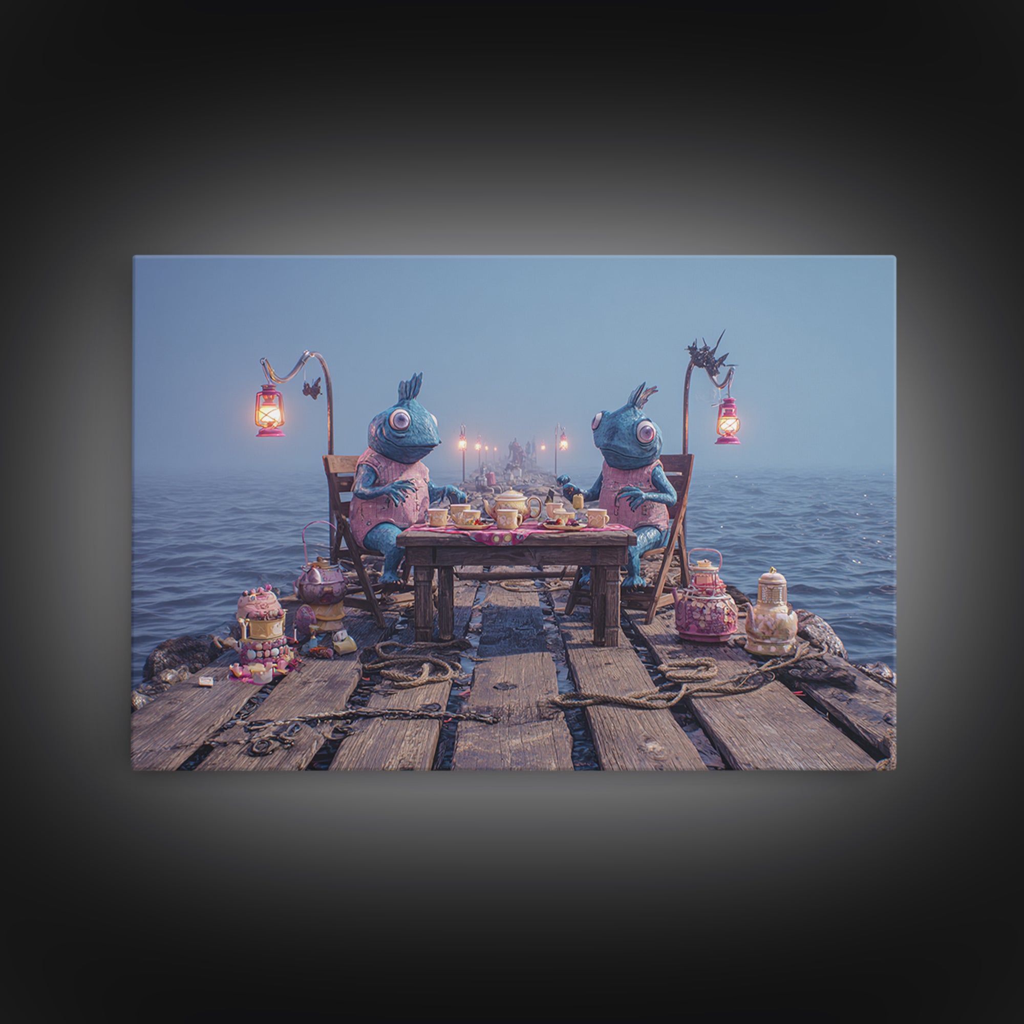 The Tea Party At Innsmouth Pier, 80s Halloween Wall Art, Landscape Wall Art, Framed Canvas Print, Retro Halloween Decor, Neon Wall Art