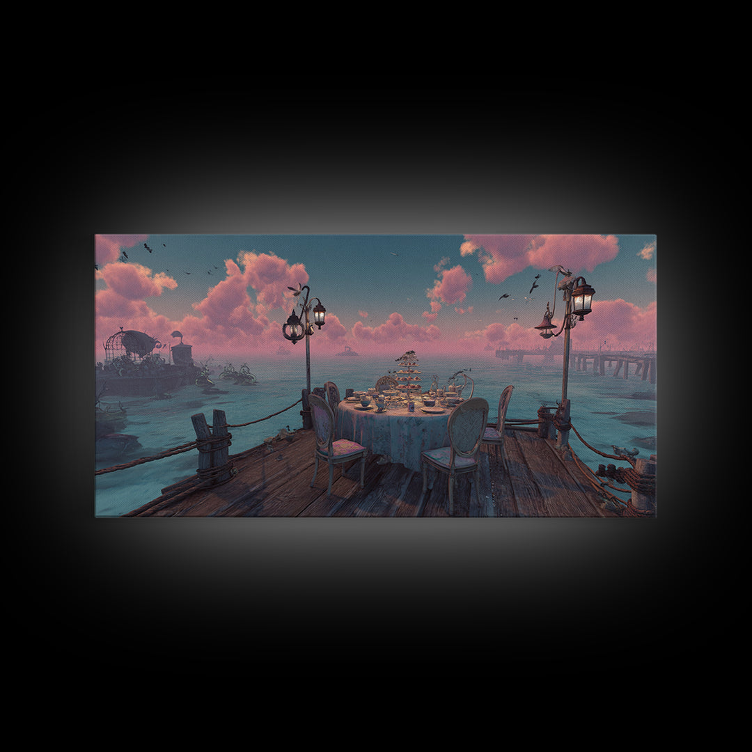 The Tea Party At Innsmouth Pier, Cute Eldritch Neon Art, Wide Panoramic Art, Canvas Print, Retro Halloween Decor, Neon Wall Art