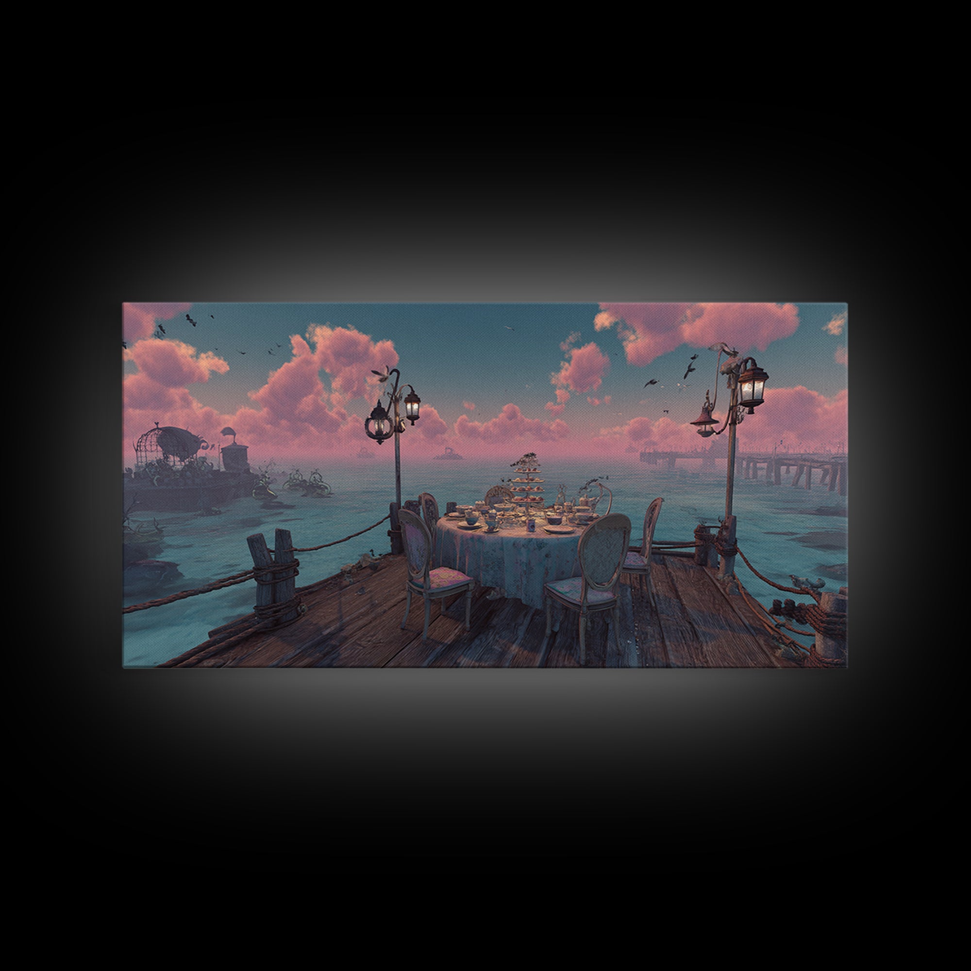 The Tea Party At Innsmouth Pier, Cute Eldritch Neon Art, Wide Panoramic Art, Canvas Print, Retro Halloween Decor, Neon Wall Art