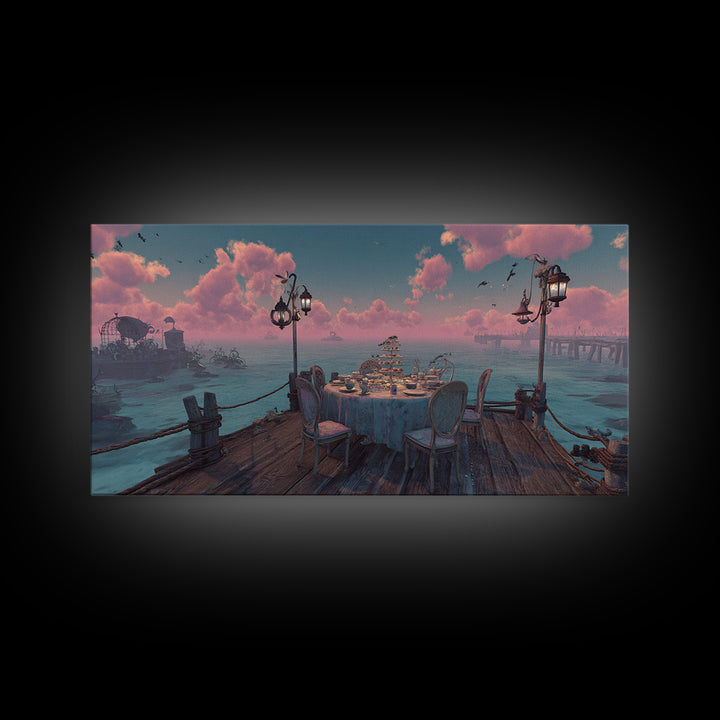 The Tea Party At Innsmouth Pier, Cute Eldritch Neon Art, Wide Panoramic Art, Canvas Print, Retro Halloween Decor, Neon Wall Art