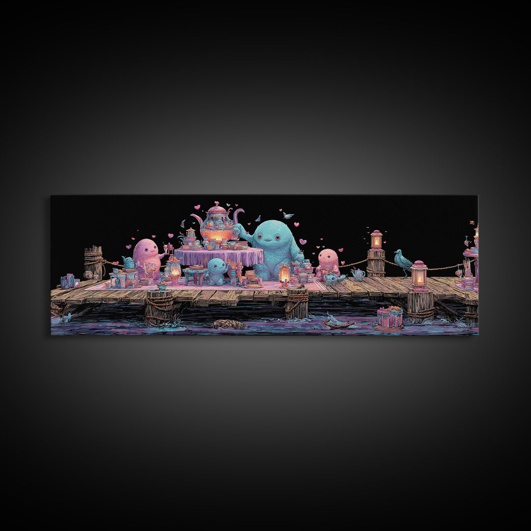 The Tea Party At Innsmouth Pier, Cute Eldritch Neon Art, Extra Wide Wall Art, Canvas Print, Retro Halloween Decor, Neon Wall Art