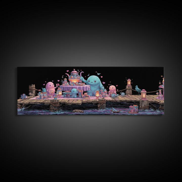 The Tea Party At Innsmouth Pier, Cute Eldritch Neon Art, Extra Wide Wall Art, Canvas Print, Retro Halloween Decor, Neon Wall Art