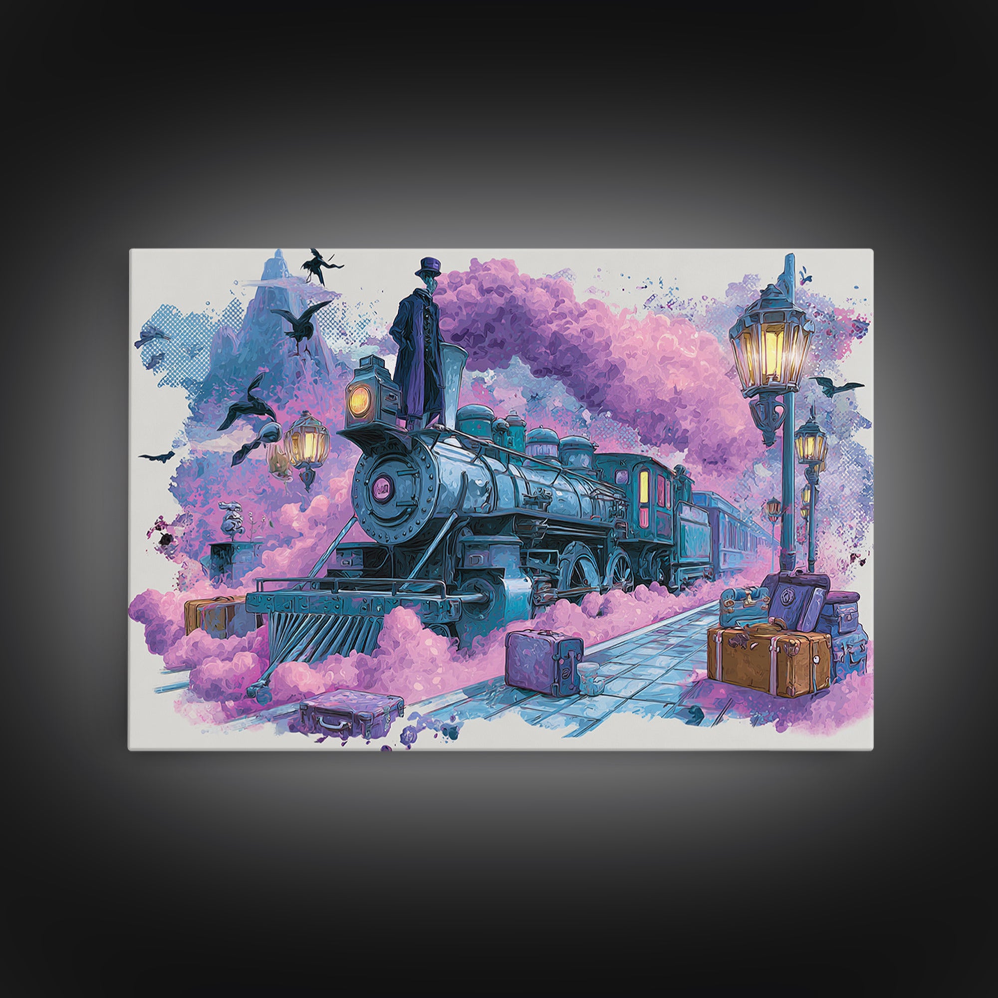 The Phantom Train To Kadath, Cute Spooky Neon Art, Landscape Wall Art, Canvas Print, Retro Halloween Decor, Neon Wall Art, Horror Wall Art