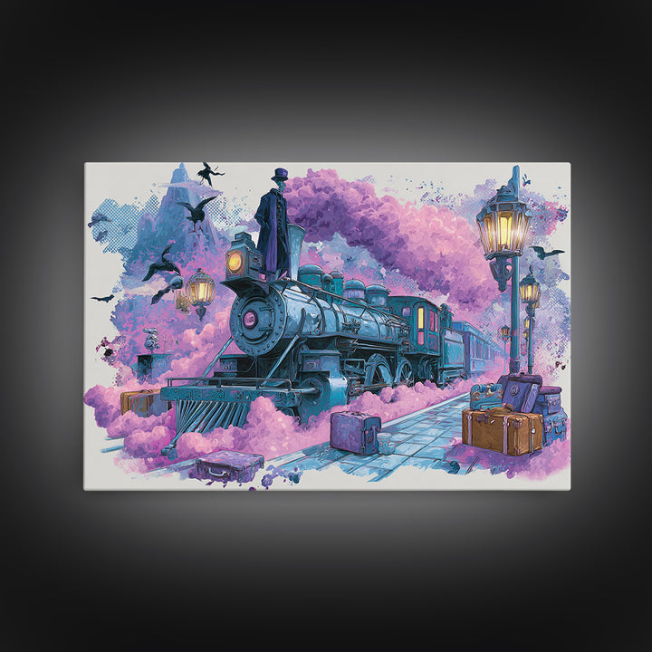 The Phantom Train To Kadath, Cute Spooky Neon Art, Landscape Wall Art, Canvas Print, Retro Halloween Decor, Neon Wall Art, Horror Wall Art