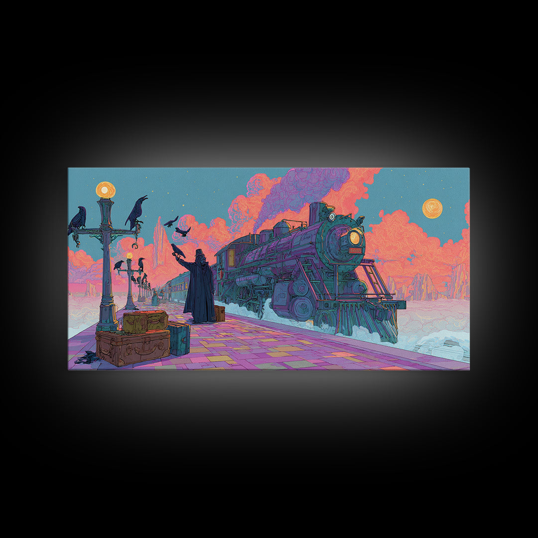 The Phantom Train To Kadath, Cute Spooky Neon Art, Wide Panoramic Art, Framed Canvas Print, Retro Halloween Decor, Neon Wall Art