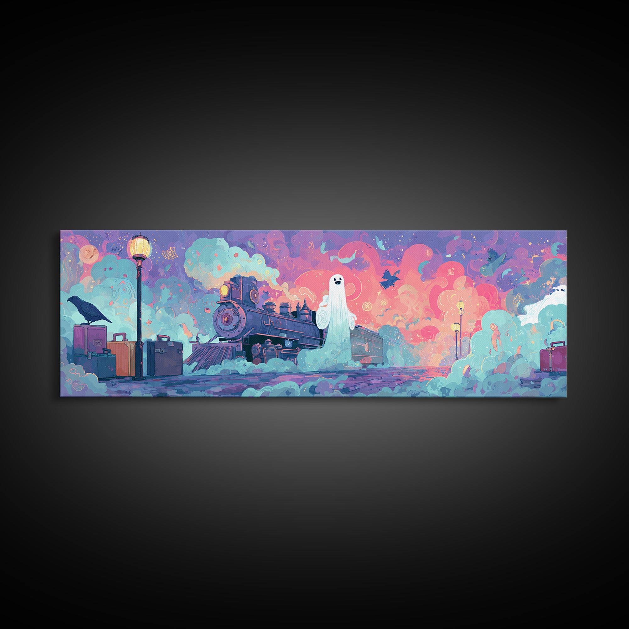 The Phantom Train To Kadath, 80s Halloween Wall Art, Extra Wide Wall Art, Canvas Print, Retro Halloween Decor, Neon Wall Art