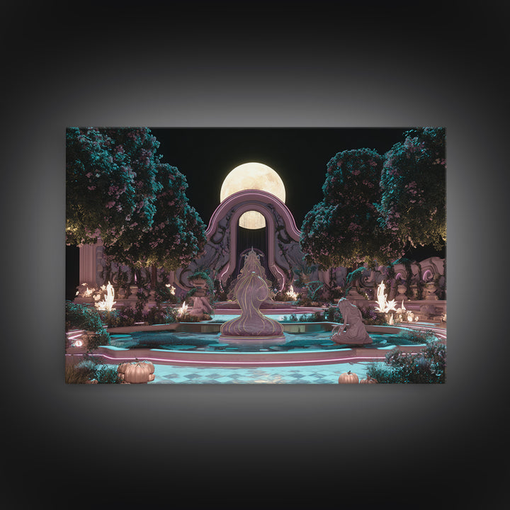 The Garden Of The Eyeless Moon, Synthwave Halloween Art, Landscape Wall Art, Framed Canvas Print, Retro Halloween Decor, Neon Wall Art