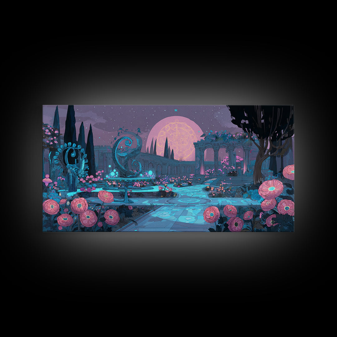 The Garden Of The Eyeless Moon, Synthwave Halloween Art, Wide Panoramic Art, Framed Canvas Print, Retro Halloween Decor, Neon Wall Art
