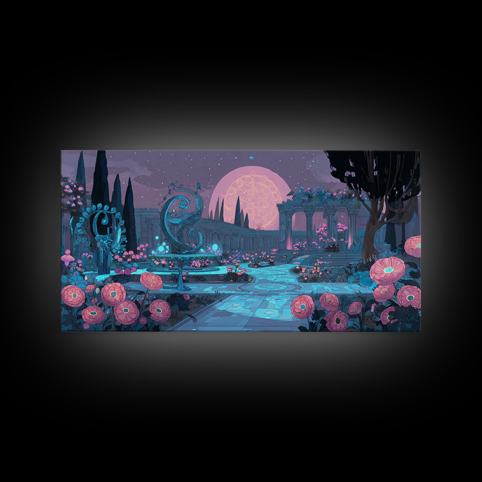 The Garden Of The Eyeless Moon, Synthwave Halloween Art, Wide Panoramic Art, Framed Canvas Print, Retro Halloween Decor, Neon Wall Art