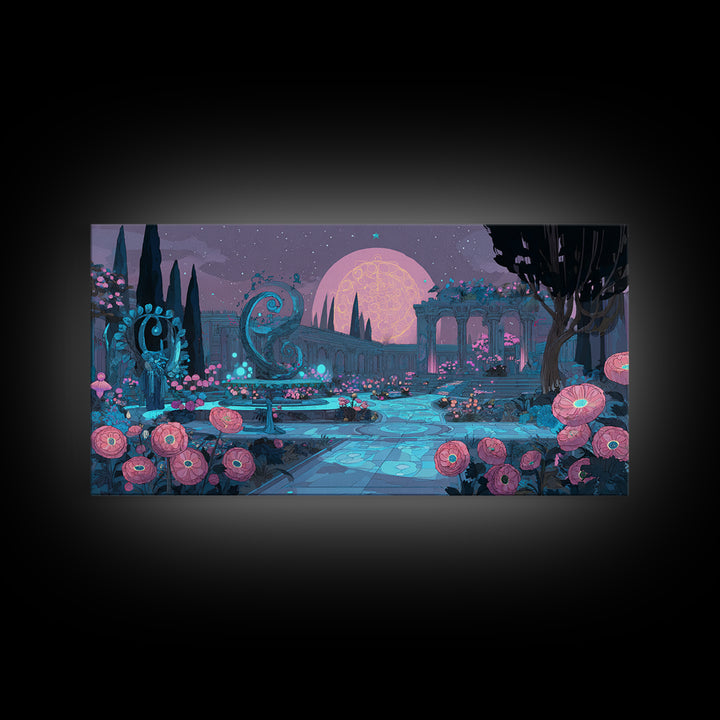 The Garden Of The Eyeless Moon, Synthwave Halloween Art, Wide Panoramic Art, Framed Canvas Print, Retro Halloween Decor, Neon Wall Art