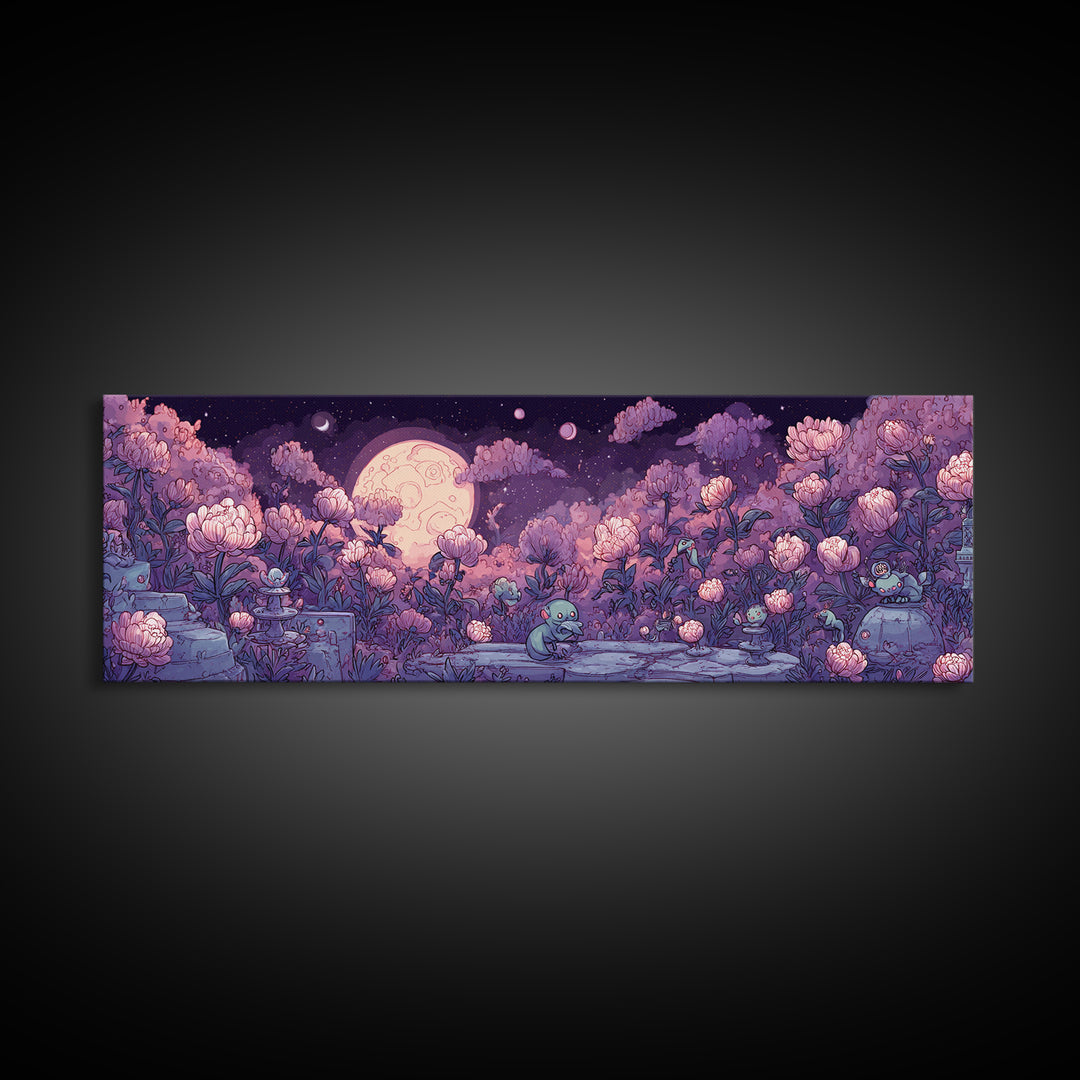 The Garden Of The Eyeless Moon, Synthwave Halloween Art, Extra Wide Wall Art, Framed Canvas Print, Retro Halloween Decor, Neon Wall Art