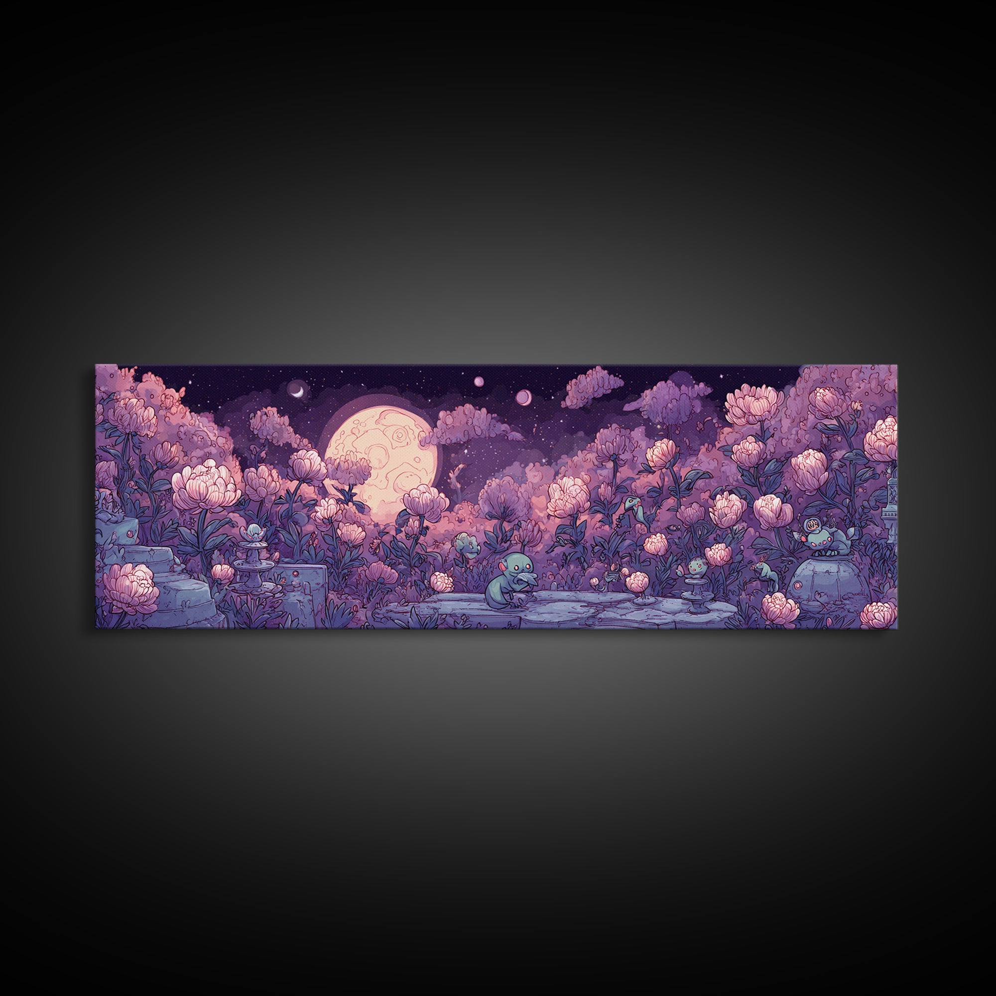 The Garden Of The Eyeless Moon, Synthwave Halloween Art, Extra Wide Wall Art, Framed Canvas Print, Retro Halloween Decor, Neon Wall Art