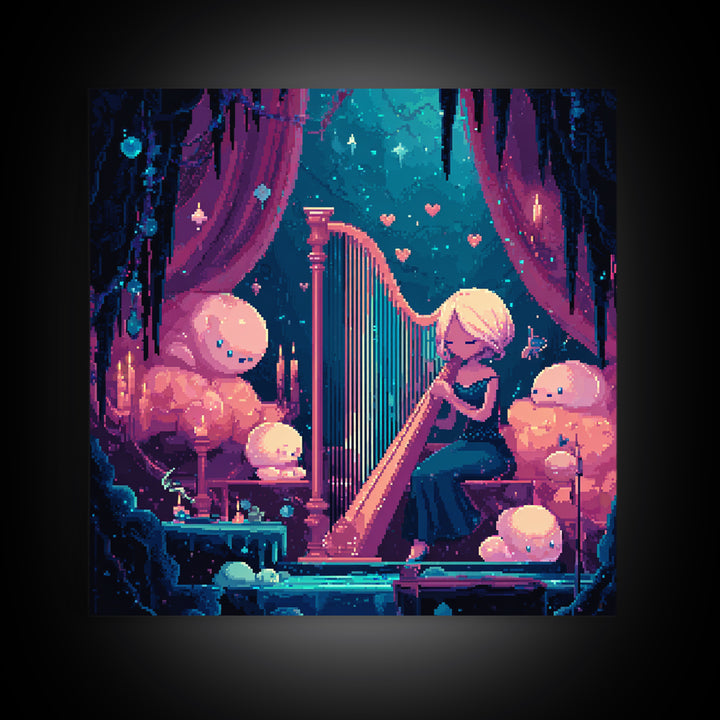 The Harpist Of Abyssal Sleep, Retro Neon Halloween Art, Square Wall Art, Framed Canvas Print, Retro Halloween Decor, Neon Wall Art