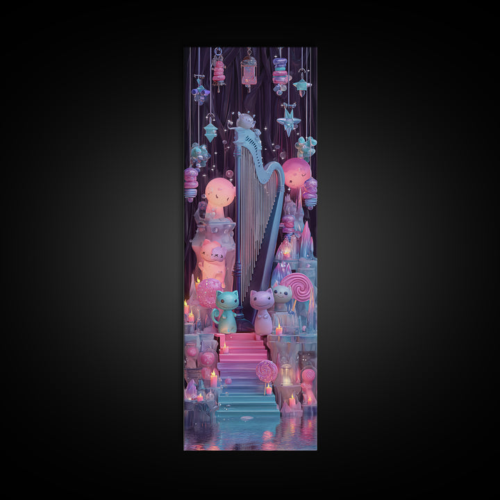 The Harpist Of Abyssal Sleep, 80s Halloween Wall Art, Tall Narrow Wall Art, Canvas Print, Retro Halloween Decor, Neon Wall Art
