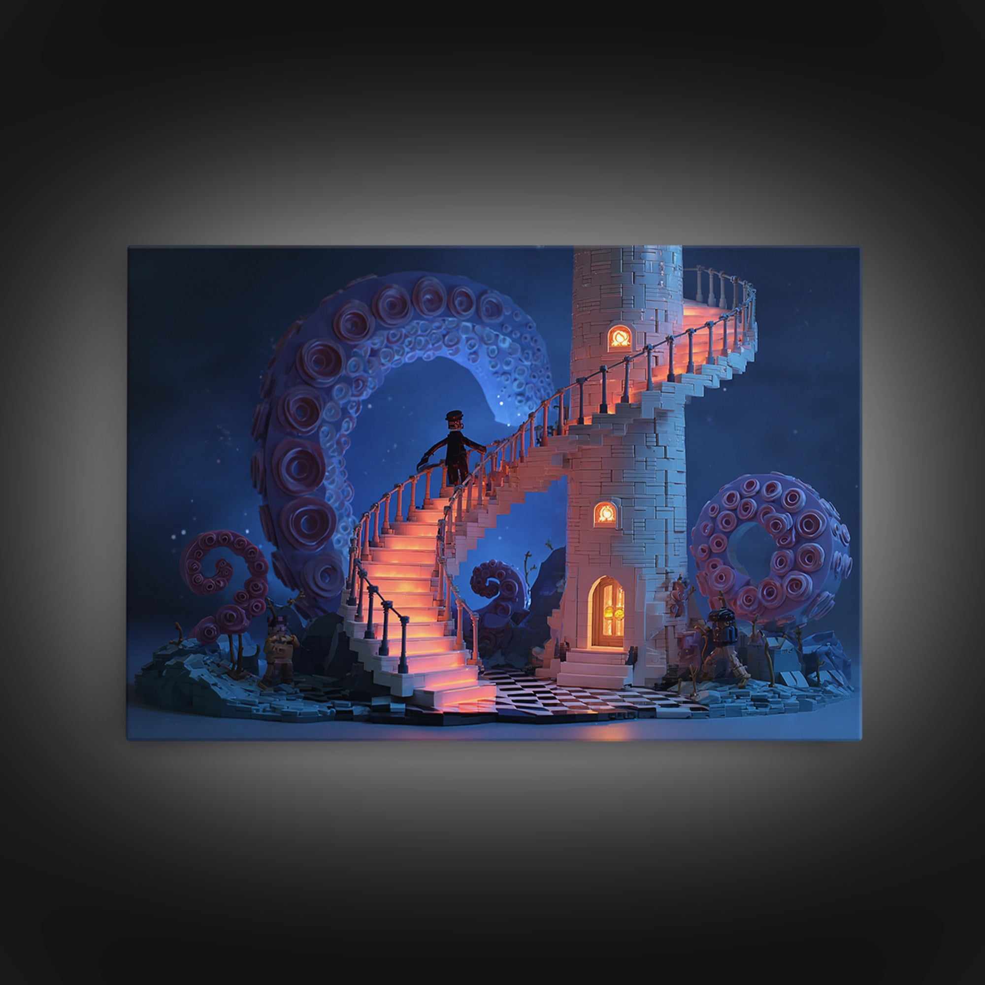 The Last Lighthouse Of Y’Ha-Nthlei, Cute Spooky Neon Art, Landscape Wall Art, Framed Canvas Print, Retro Halloween Decor, Neon Wall Art