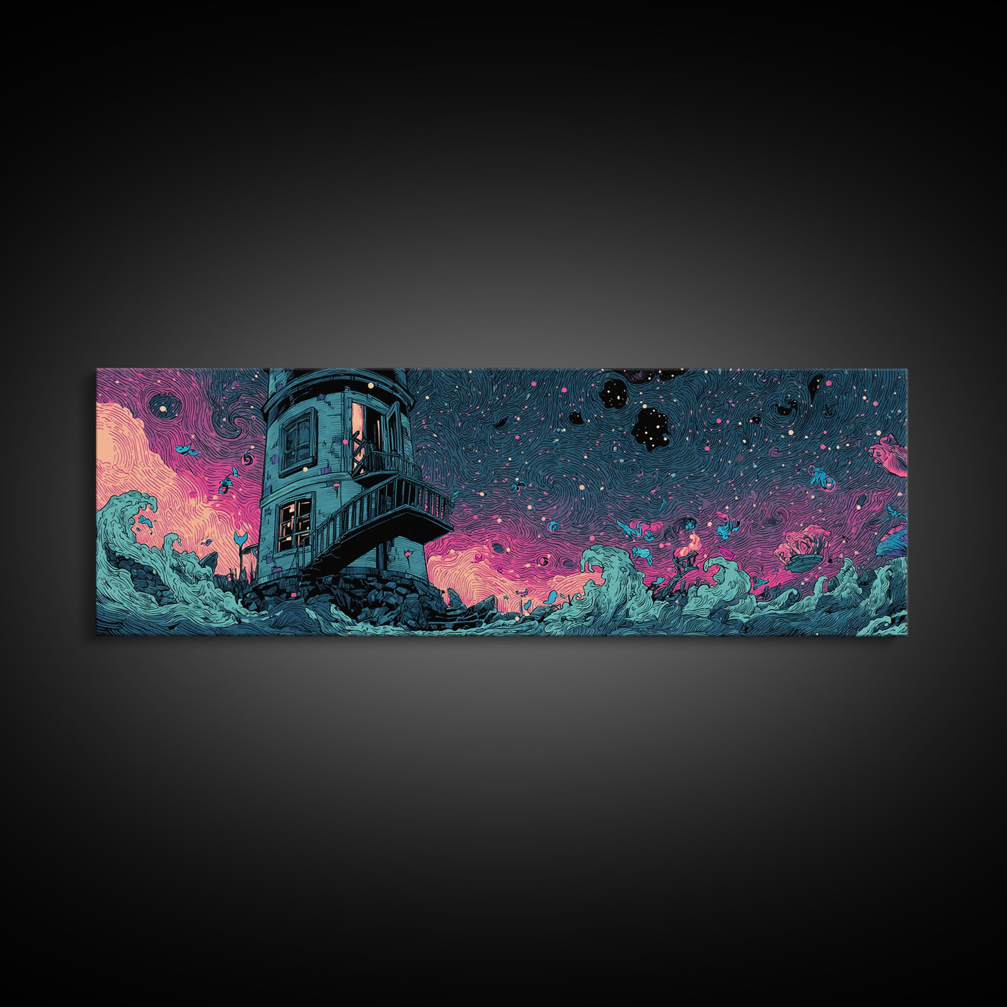 The Last Lighthouse Of Y’Ha-Nthlei, Synthwave Halloween Art, Extra Wide Wall Art, Framed Canvas Print, Retro Halloween Decor, Neon Wall Art