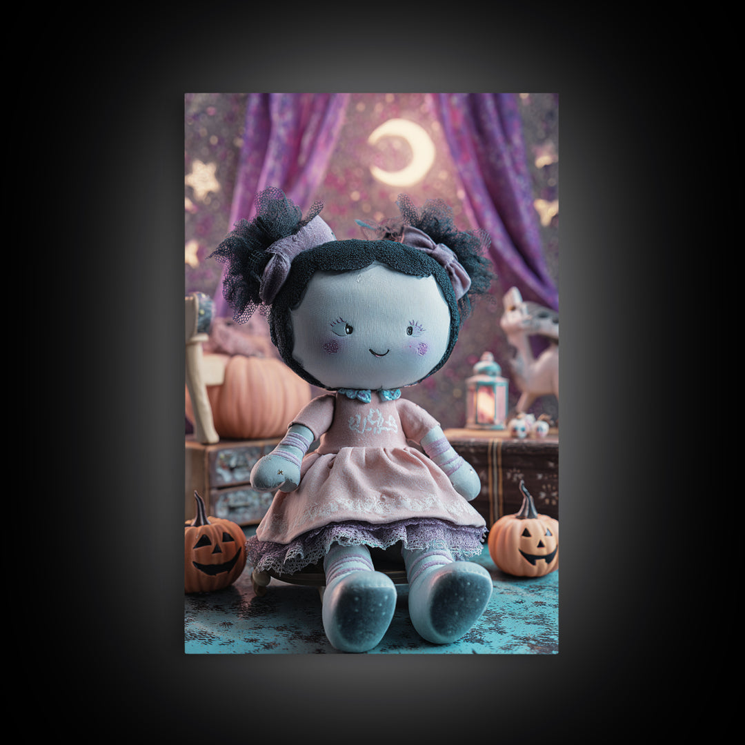 The Doll From Beyond The Void, Retro Neon Halloween Art, Vertical Wall Art, Framed Canvas Print, Retro Halloween Decor, Neon Wall Art