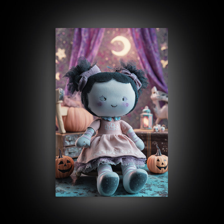 The Doll From Beyond The Void, Retro Neon Halloween Art, Vertical Wall Art, Framed Canvas Print, Retro Halloween Decor, Neon Wall Art