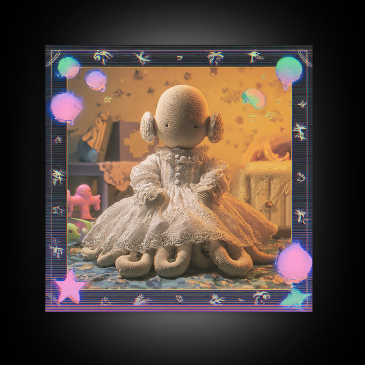 The Doll From Beyond The Void, Cosmic Synthwave Horror, Square Wall Art, Framed Canvas Print, Retro Halloween Decor, Neon Wall Art