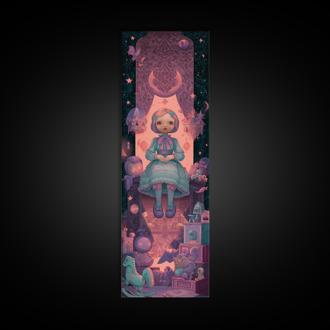 The Doll From Beyond The Void, 80s Halloween Wall Art, Tall Narrow Wall Art, Canvas Print, Retro Halloween Decor, Neon Wall Art
