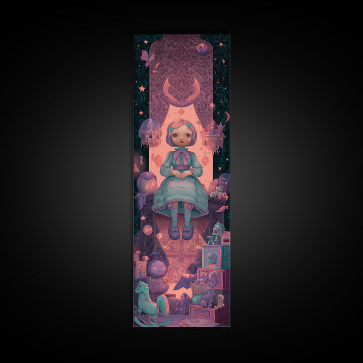 The Doll From Beyond The Void, 80s Halloween Wall Art, Tall Narrow Wall Art, Canvas Print, Retro Halloween Decor, Neon Wall Art