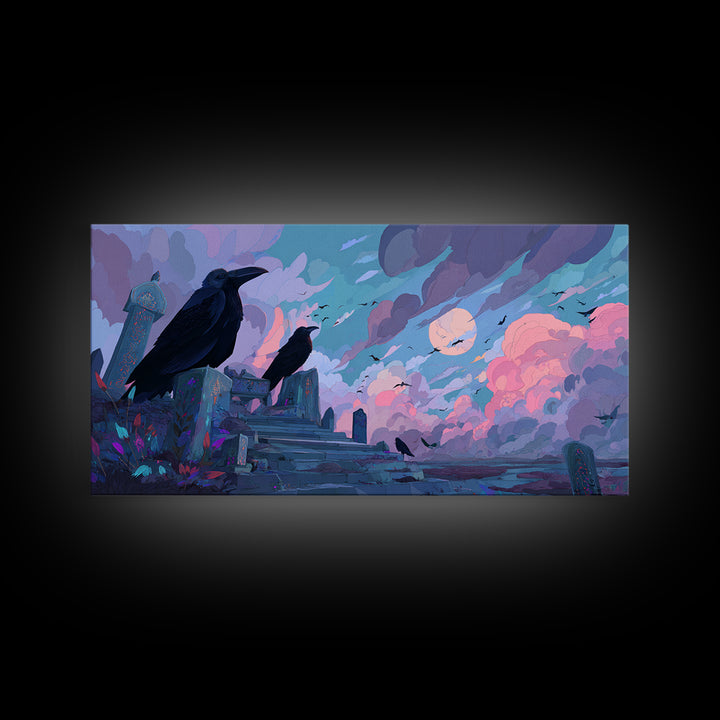The Raven Sermon Of Leng, Cute Eldritch Neon Art, Wide Panoramic Art, Framed Canvas Print, Retro Halloween Decor, Neon Wall Art