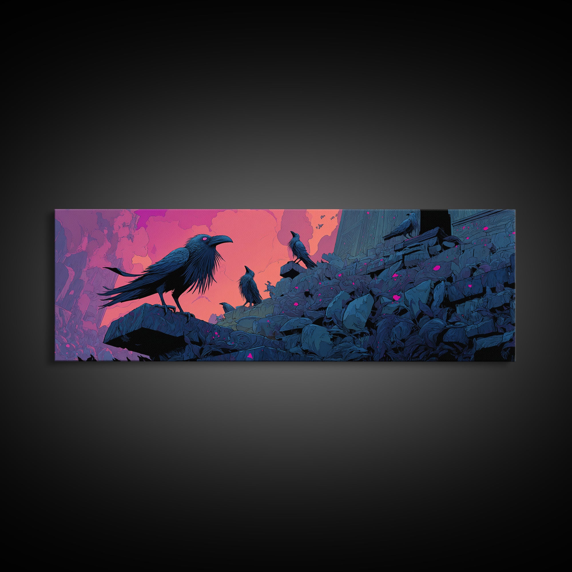 The Raven Sermon Of Leng, Synthwave Halloween Art, Extra Wide Wall Art, Canvas Print, Retro Halloween Decor, Neon Wall Art