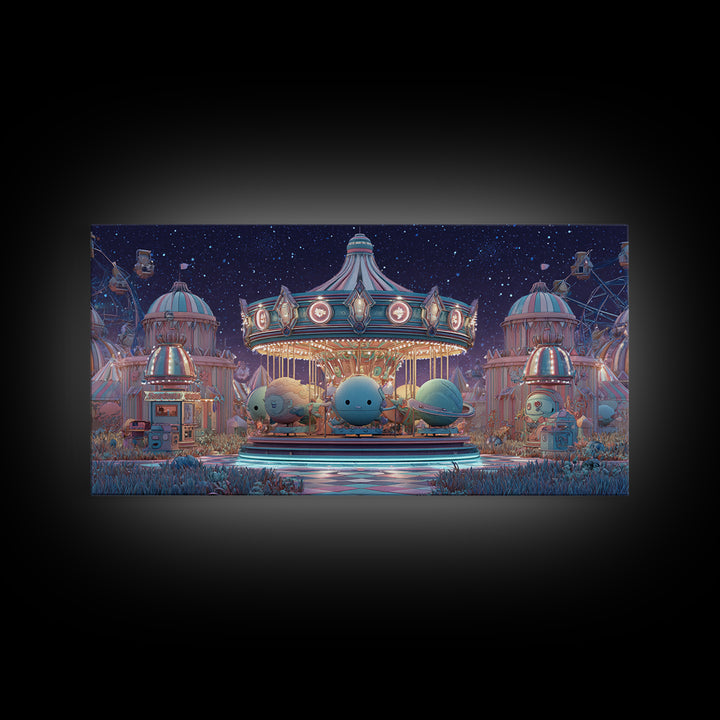 The Carousel Of Sleeping Planets, Retro Neon Halloween Art, Wide Panoramic Art, Canvas Print, Retro Halloween Decor, Neon Wall Art