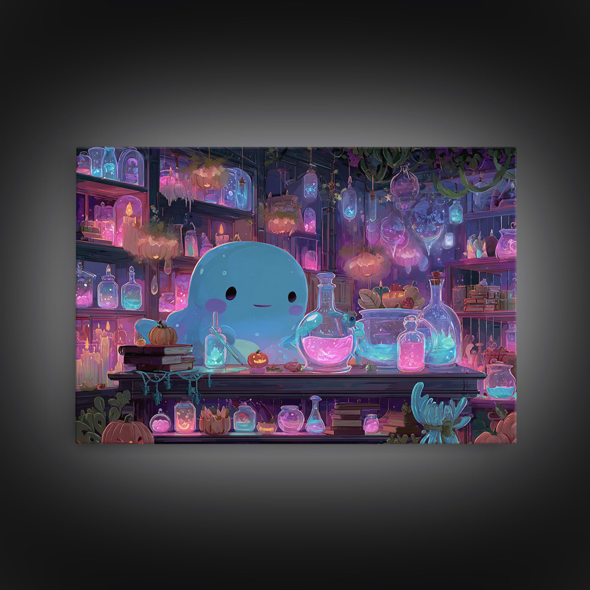 The Apothecary Of Black Seashell Dreams, Cosmic Synthwave Horror, Landscape Wall Art, Framed Canvas Print, Retro Halloween Decor