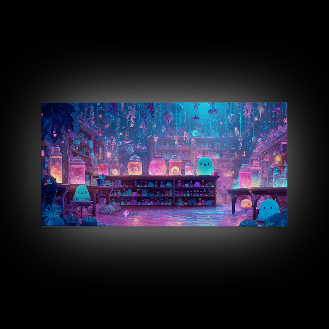 The Apothecary Of Black Seashell Dreams, Cute Eldritch Neon Art, Wide Panoramic Art, Canvas Print, Retro Halloween Decor, Neon Wall Art
