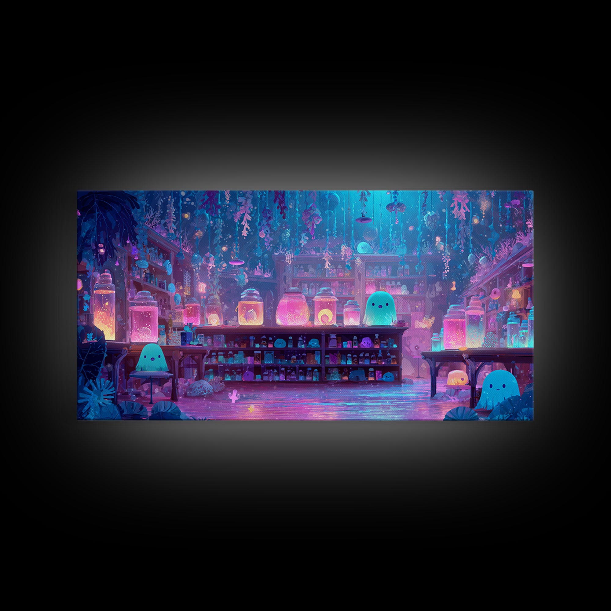 The Apothecary Of Black Seashell Dreams, Cute Eldritch Neon Art, Wide Panoramic Art, Canvas Print, Retro Halloween Decor, Neon Wall Art