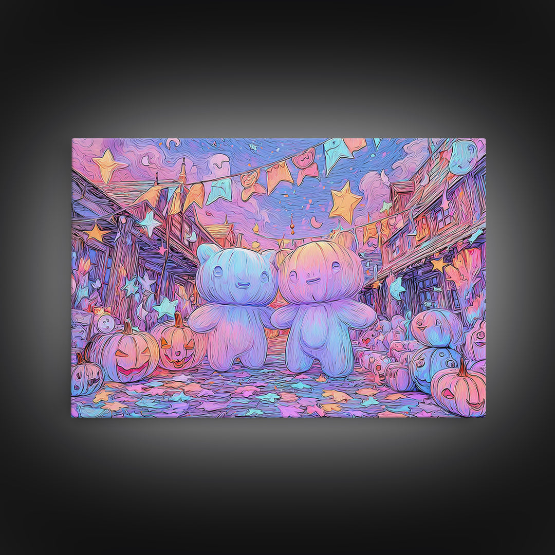 The Festival Of The Little Old Ones, Synthwave Halloween Art, Landscape Wall Art, Framed Canvas Print, Retro Halloween Decor, Neon Wall Art